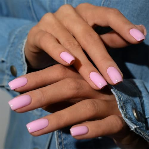 24pcs Solid Pink Press on Nails Square, Fake Nails, False Nails, Nail Press Ons - Glossy Short Square Nail Tips, Soft Pink Manicure Set for Women, Parties, Dates & DIY Nail Art