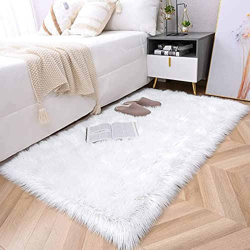 HLZDH Pelle sintetica di pecora, confortevole sensazione come vera lana, tappeto in pelliccia sintetica, Man-Made Luxury, cuscino in lana (rettangolo bianco, 75 x 120 cm)