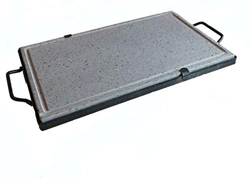 Poêle grill en pierre naturelle ollaire avec cadre et poignées en métal pour barbecue, grille de lave, idéal pour cuisine diététique de viande, légumes, poisson (30 x 40 x 2 cm)