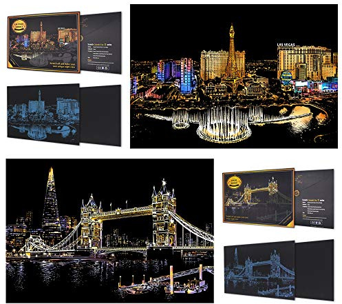 SiYear Scratch Art Paper Rainbow Sketch Sketch, City Series Night Scene, Scratch Painting Creative Gift, Scratchboard for Adult And Kids with 4 Tools '' (Las Vegas + Tower Bridge)