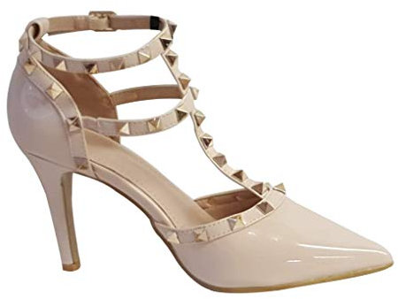 F2 Women's Studs Strappy High Heeled Sandals Rivets Buckle Pointy Pumps Court Shoes Office Evening Party 3-8 (Nude Beige, Numeric_5)