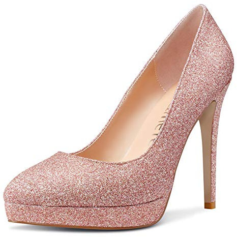 Castamere Women's Platform High Heels Fashion Slip-On Stilettos Court Shoes 4.7IN Heel Silver Champagne Glitter Pumps UK 10.5