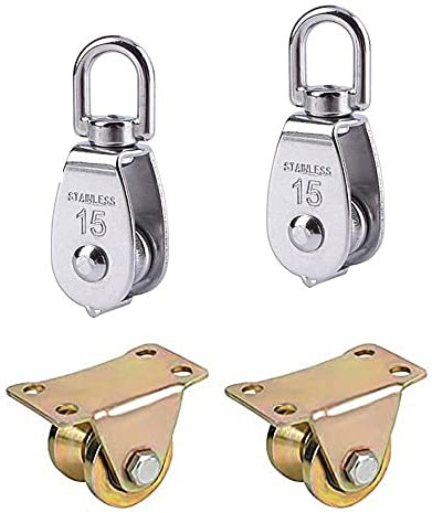 SNAGAROG 4 Stück Umlenkrolle Set, M15 Edelstahl Riemenscheibe Umlenkrolle Und V-Nut-Rollenrad Stahlseile Umlenkrolle für Seile im Innen- und Außenbereich, Maschinenlader, Vorhänge