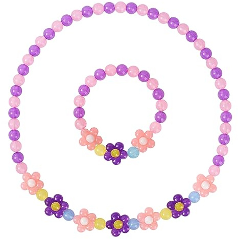 Maeoetty Girls Chunky Flower Jewelry Necklace and Bracelet Set for Girls Little Kids Lovely Beaded Necklace and Bracelet Colorful Beads Jewelry Princess Dress up for Toddlers Kids Gift