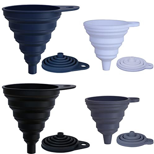 KongNai Funnels for Kitchen Use Set of 4, Silicone Collapsible Funnels for Filling Bottles, Food Grade Funnel for Liquid Powder Transfer, Foldable Kitchen Utensils