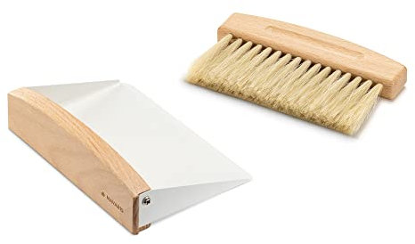 Navaris Tischkehrset aus Holz und Metall - Tischbesen und Schaufel - Mini Handfeger Besen und Kehrblech - Tischbürste Tischkehrer - Kehrset in Weiß