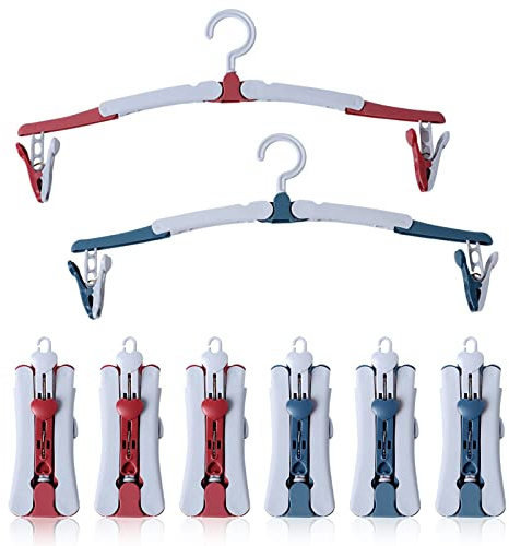 NCOALE Folding Clothes Hanger, 8 PCS Travel Hangers With Clips, 360 Degree Rotating Hook, Plastic Non-Slip Portable Multi-Purpose for Home Hotel Travel Camping, Blue, Red