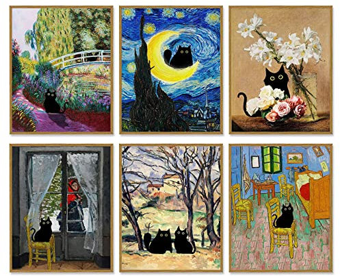 Kat Dekor Poster Leinwanddrucke 8x10 Zoll Ungerahmter Satz von 6 Lustige Poster Van Gogh Kunstdrucke auf Leinwand Badezimmer Wall Art Decor