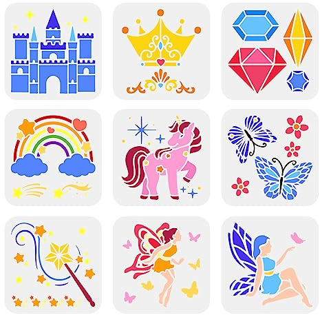 FINGERINSPIRE 9 plantillas temáticas de fantasía de 15 x 15 cm, plantillas de mariposa de plástico, unicornios, estrellas, hadas, castillo, corona, varita mágica, juego de plantillas reutilizables