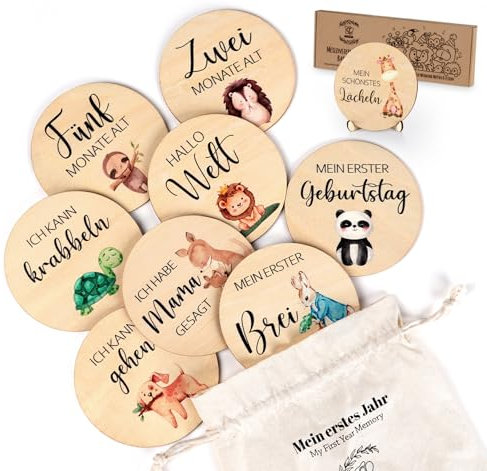 Meilensteinkarten Baby Holz mit farbigen Tierchen bedruckt - 30 Meilensteine aus Natürliches Lindenholz zur Erinnerung als Geschenk zur Geburt Babyparty für Schwangere, werdende Mütter & Eltern