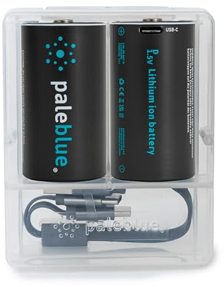 Rechargeable D Batteries with USB Charger by Paleblue, Lithium Ion 1.5v 5000 mAh, Charges Under 6.9 Hours, Over 1000 Cycles, 2-in-1 USB to USB-C Charging Cable, LED Charge Indicator, 2-Pack
