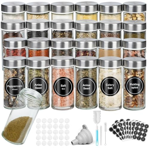 FRIBERG Botes Especias Cristal,[24x100ml] Tarro redondo de especias,con tapas de acero inoxidable botes para especias cocina, con embudo, cepillo de limpieza, bolígrafo y pegatinas