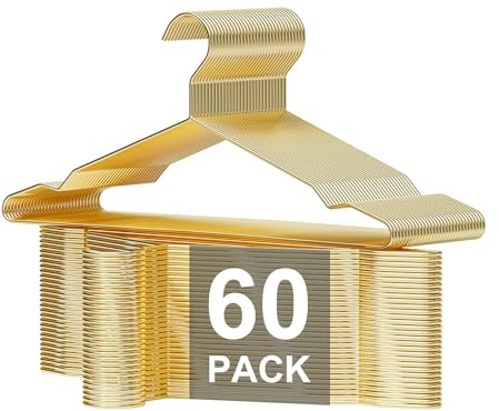 SPECILITE Metal Wire Clothes Hangers Bulk 60 Pack with Notches for Standard Size Coats, Shirts, Suits, Pants, Heavy Duty, Space-Saving, Gold