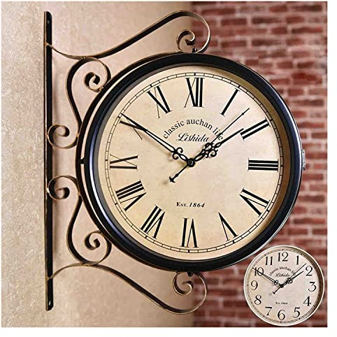 LUOYAOB Retro Bahnhofsuhr Doppelseitiger Bahnhofsuhr, Gartenwanduhr im Freien, Vintage hängende doppelseitige Uhr for Terrasse Veranda Garten im Freien Dekorative doppelseitige Hängsuhr (Color : B)