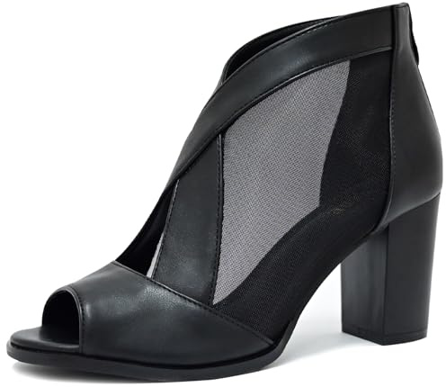 SICARE Peep Toe Chunky Heels for Women Comfortable Block Heels Sandals Cut Out Back Zipper Sexy Mesh Ankle Boots Style Sandals for Women Dressy Date Business Party, Black, Size 10