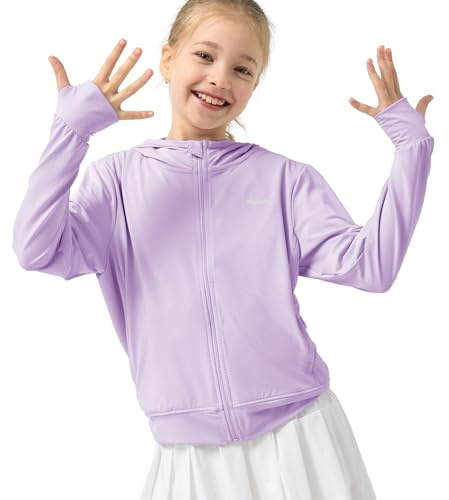 Rolanko Giacca Estiva per Ragazze con Fori per i Pollici Manica Lunga Protezione Solare Asciugatura Rapida Felpa con Cappuccio con Cerniera Top Rash Guard per Bambini, Viola, Taglia: 150/10-11 Anni