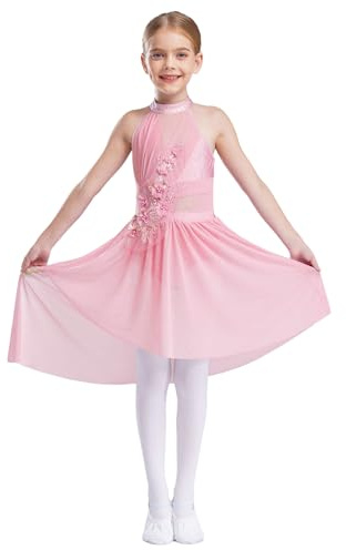 Aislor Abito da Pattinaggio Artistico Bambina Body Danza Classica con Gonna Tulle Strass Leotard Senza Manica Fiori Vestito da Latino Ballo Lirico Dancewear Rosa 7-8 Anni
