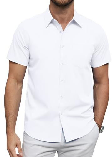 J.VER Herren Hemd Kurzarm Businesshemd Shirt Knitterfrei Weiß Formales Hemd mit Brusttasche für Sommerhemd Hochzeit Arbeits,Weiß,XXL