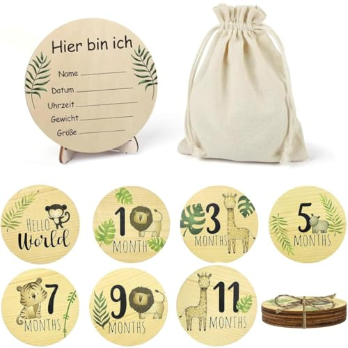 BCHKO Tarjeta de hito Madera para bebés 7 hitos Tilo natural como regalo conmemorativo de nacimiento para mujeres embarazadas futuras madres y padres Baby Shower (animales coloridos)