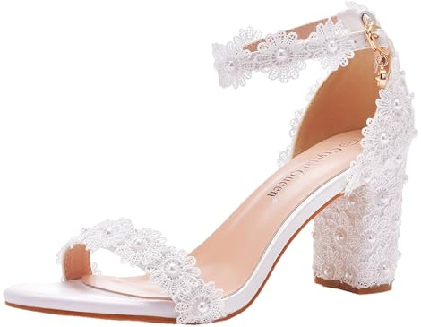 Jamron Donna Elegante Tacco a Blocco Sandali con Cinturino alla Caviglia Pizzo Perle Scarpe da Sposa Bianco 7CM SN0703497-1 EU39.5