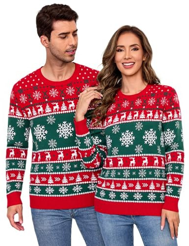 Aottori Mens Christmas Jumpers Crew Neck Xmas Jumper Sweaters Novelty Reindeer Snowflakes Knitted Pullover Winter Warm Knitwear Tops Mens-Red XL