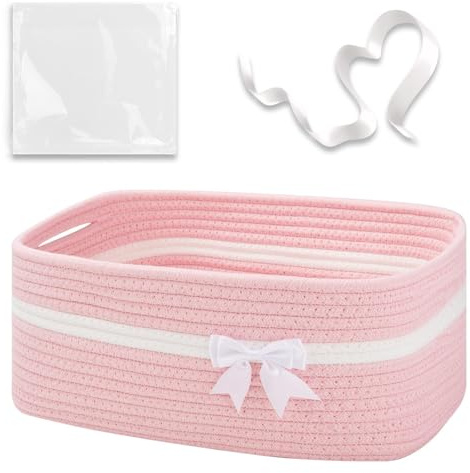 Cestino Portaoggetti Intrecciato Rosa con Fiocco Decorativo, Cesto Regalo Vuoto per Baby Shower, Compleanni, Pasqua, Cameretta, Fasciatoio – Cestino in Corda di Cotone con Manici, 34×15×25 cm