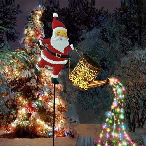 Santa Claus Watering Can Solar Lights Outdoor, Father Christmas Solars Kettle Garden Lights, Santa Claus Solar Watering Can with Cascading Light, Waterproof Solars Lanterns Father Christmas Decoration