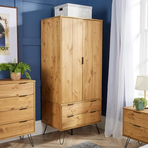Home Source Acadia Wadrobe Cabinet Industrial Wooden 2 Door 2 Drawer Organiser Shelf Hanging Rail Bedroom Storage, Pine