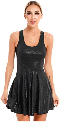 CHAOYI Women's Metallic Glitter Fish Scale Print Dress Sleeveless U Neck Ruffle Dress For Nightclub Rave Party Music Festival-Black,3XL