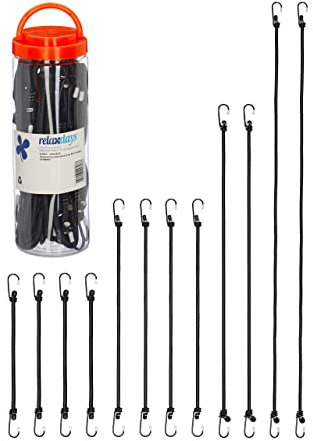 Relaxdays Set da 12 Elastici Portapacchi, Cinghie con Ganci Fissaggio Pacchi in Auto, Bici, 4 Misure, Universali, Nero, Ferro