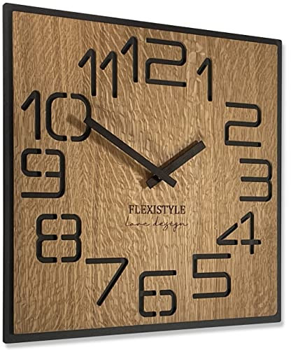 FLEXISTYLE Moderne quadratisch große WanduhrHolz ECO Durchmesser 40cm, Stille, Holzoptik, Eiche, Wohnzimmer, Schlafzimmer, Made in EU (Digits 40cm)