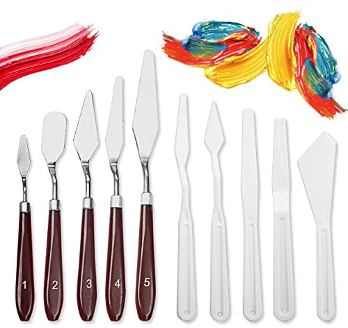 10 Pezzi Spatole Per Pittura, Olio Set Di Coltelli Per Pittura, 5Pz Acciaio Inox Coltello Per Pallet Strumenti Per Pittura Con 5Pz Spatola In Plastica Per Dipingere Acrilico Per Artistico Pittura
