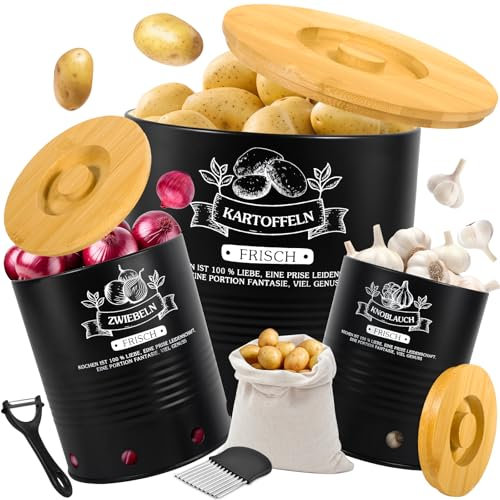 JEDWKFA Lot de 3 Boite Pomme de Terre, Rangement Pomme de Terre, Rangement Oignons Ail Echalottes, Livré Avec Couteau D'office, Couteau à Pomme de Terre, Sac de Rangement, Noir