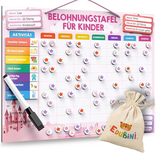 Belohnungstafel für Kinder - [100 Aufgaben + 350 Magnete] - Belohnungssystem für Verantwortung - Family Plan, Montessori Magnettafel, Wochenplaner, Adhs Hilfsmittel - inkl. Tasche, Stift