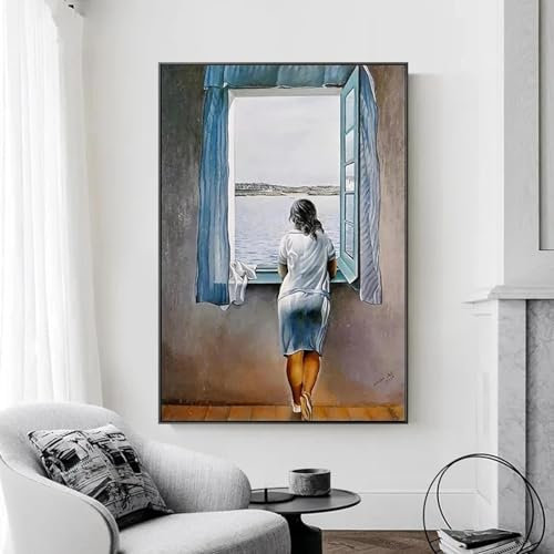 JACBON Fille à la fenêtre peinture toile impression affiche Salvador Dali mur art femme mer bleu photo pour salon décor à la maison 70x130 cm sans cadre