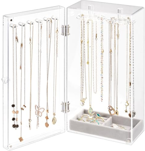 Lolalet Soporte Acrílico para Joyas, Caja Organizadora de Joyas Transparente Anti polvo con 24 Ganchos Estante para Almacenamiento para Collares con Bandeja de Terciopelo -Transparencia