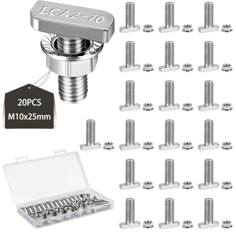 EXLECO 20Pcs Pernos en T Inoxidable M10x25 Tornillo de Cabeza de Martillo con Caja de Plástico Tornillo De Fijacion con Tuercas de Brida para Invernadero Aluminio Rieles Fotovoltaicos con 10mm Ranura