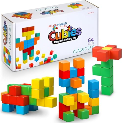 Playmags Blocchi Magnetici Giocattolo Da Costruzione, 64 Pezzi Di Cubi Magnetici STEM Giocattoli Per Bambini Piccoli E Ragazzi, Prescolare, Giocattolo Educativo Sensoriale Di Costruzione