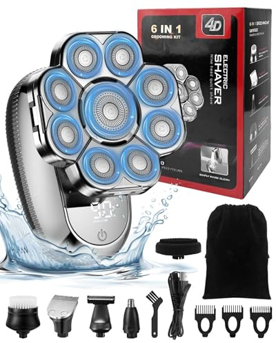 Rasoirs de tête électrique 9D améliorés, tondeuse sans fil rechargeable humide et sec, kit 6 en 1, écran LED, étanchéité IPX7, sac de rangement
