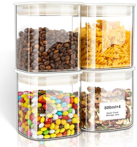 VINATO Barattoli Vetro con Coperchio (4 x 800ml) Contenitori Pasta Vetro, Barattoli Cucina con Coperchio Contenitori Ermetici per Sale Farina Spezie Cereali & Caffè, Lavabili in Lavastoviglie