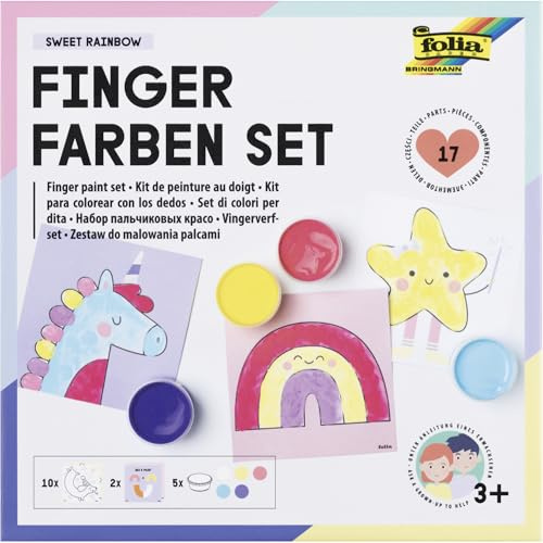 folia Sweet Rainbow 48211 Finger Paint Set, Creative Set with 5 x 30 ml Luminous Finger Paint, 10 Colouring Templates with Fantasy Motifs and 2 Mixing Templates, Includes Instructions (English