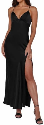 Yixinjew Summer Satin Spaghetti Strap Backless Maxi Dress for Women Formal Silk Tie Back Wedding Guest Dress with Slit Black