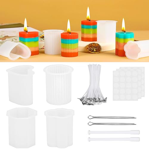 VIKY® Kerzen Ziehen Set DIY Komplettset - 4 Silikonformen Gießformen + 50 Dochte 10cm mit Halter & Sticker - Kerzen Gießen Silikonform, Candle Making Kit zum Kerzen Selber Machen
