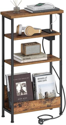 Hzuaneri Narrow Side Table with Charging Station, 4-Tier Slim Bedside Table with Magazine Rack, Sofa End Table for Small Spaces, Living Rooms, Bedrooms, Study as a Nightstand, Rustic Brown ET40001BUK