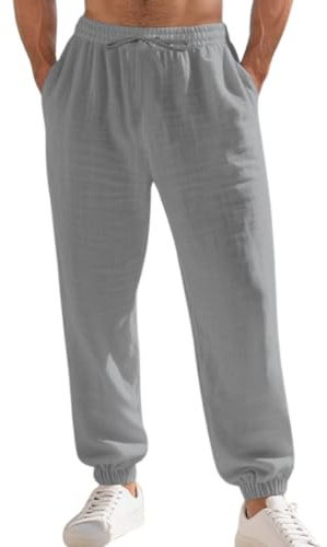 Generico Pantaloni Uomo Lino Pantaloni Casual in Lino da Uomo Comodi Larghi Elastici alla Caviglia da Indossare Tutti I Giorni Estate Primavera Autunno Spiaggia
