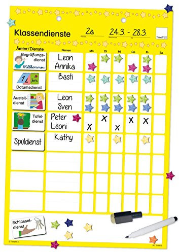 TimeTEX Klassendienst-Tafel - Mit Magnetschildchen, Sternchen zur Kennzeichnung und Folienstift - magnetisch - 28 x 41 cm - 94919