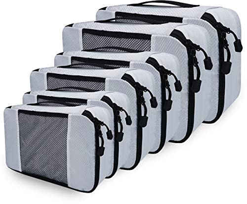 Kleidertaschen Set, Netspower Packing Cubes als Gepäck Organizer, 6 Stück wasserdichte Kofferorganizer Reisegepäck Packtaschen mit Gurtbandgriff für Flugreisen Kleidung Schuhe Kosmetik - Silber Weiß