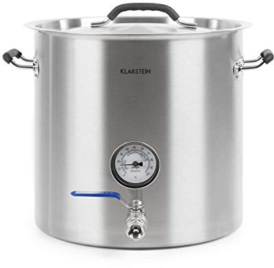 Klarstein Brauheld Pur - Maischekessel, Bierbrauanlage, integriertes Thermometer, 0,7 mm Wandstärke, 3 mm dicker Sandwichboden geeignet für Induktionskochfelder, 1/2 Ablasshahn, Volumen: 35 Liter