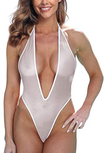 SHERRYLO Durchsichtiger einteiliger Tanga-Badeanzug für Damen, sexy tief, durchsichtig, Monokini, hoch geschnittener Body, Slutty Mesh Dessous, Weiss/opulenter Garten, Large-X-Large