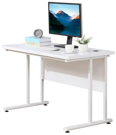 HOMCOM Computer Desk, Home Office Desk, Writing Table, 120x60x75cm Laptop Workstation with 2 Cable Management Holes, C Shaped Metal Legs for Adults, White